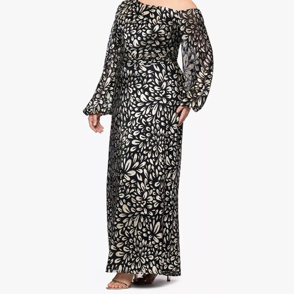 B&A By Betsy and Adam Metallic Printed Long A-Line Dress Green Gold Size 18W - Picture 3 of 3